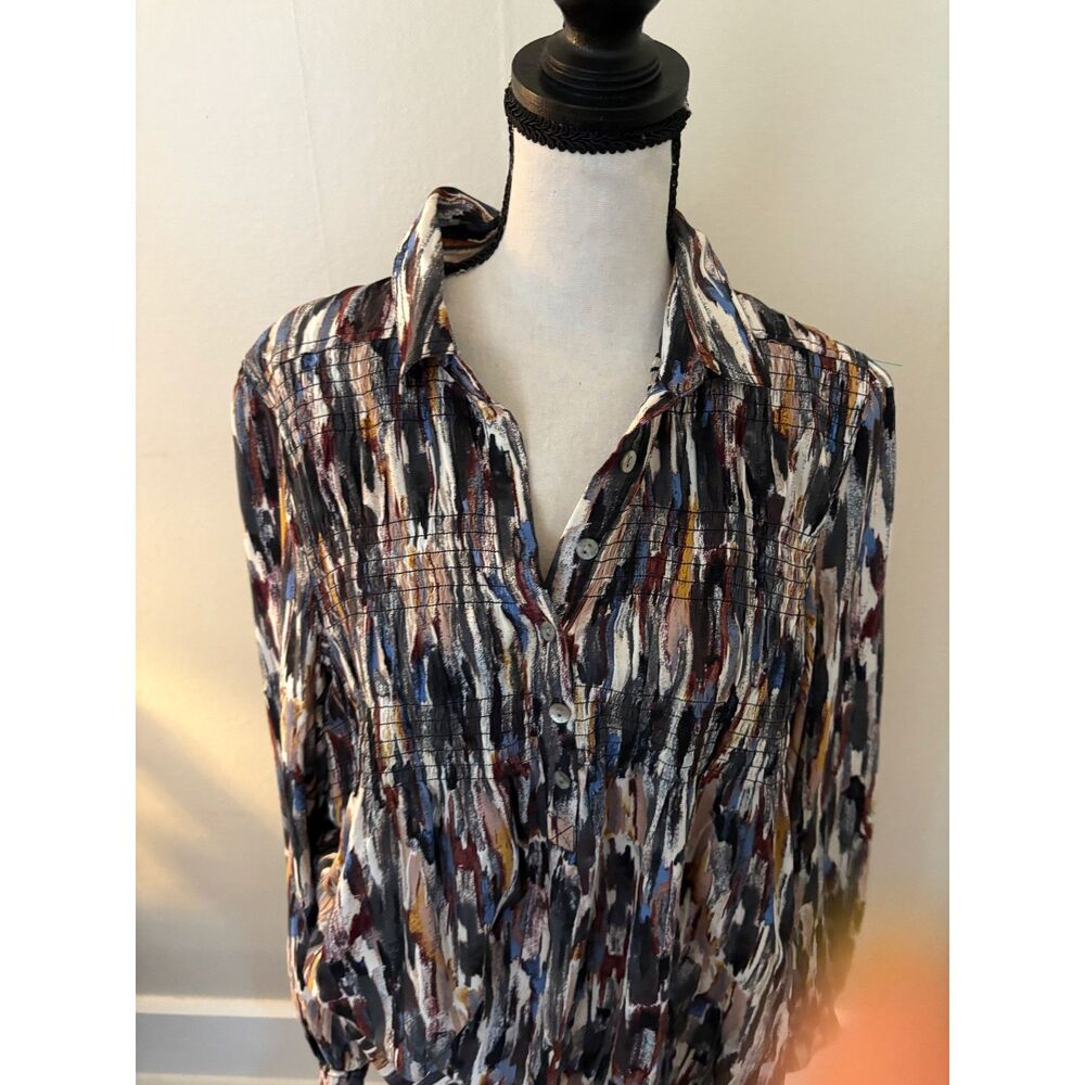 Beach Lunch Lounge Abstract Print Smocked Tunic Top M Long Sleeve Collared